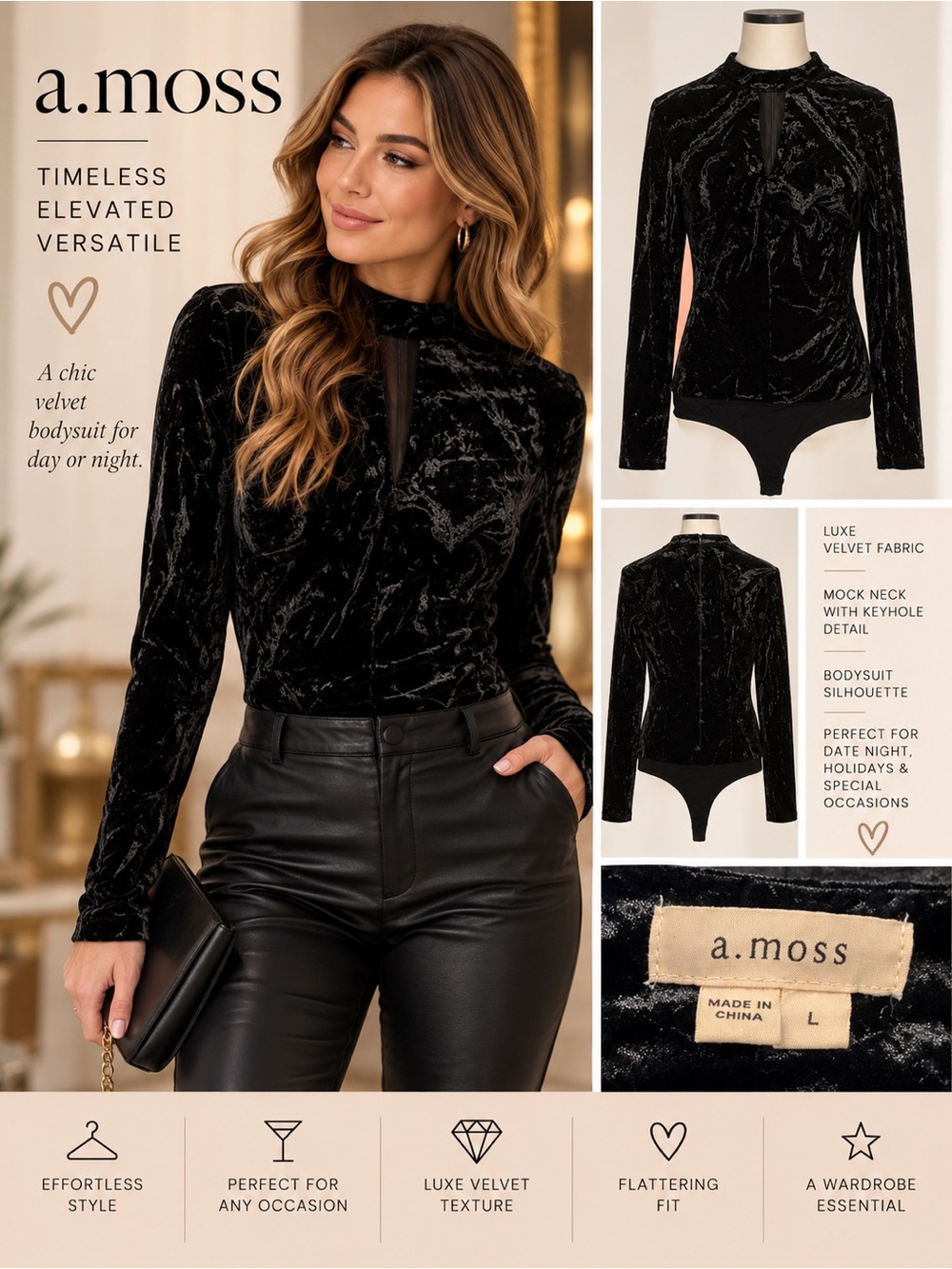 a.moss Black Velvet Bodysuit Mock Neck Keyhole Long Sleeve Size L